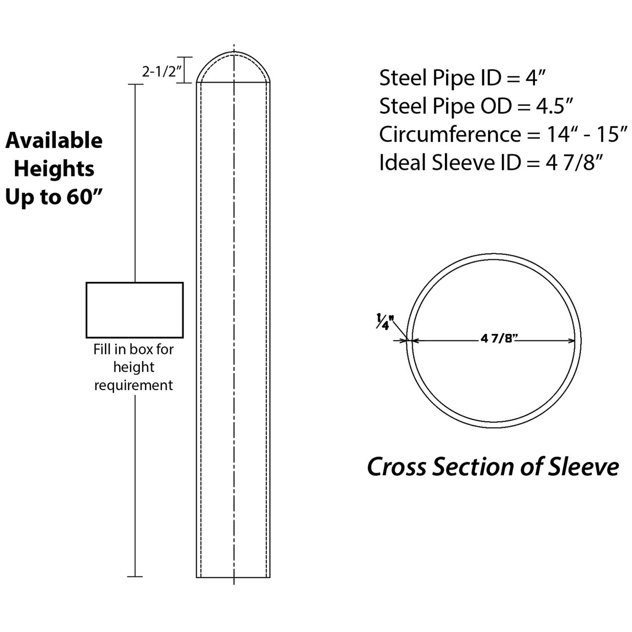 Round Top 4" Bollard Cover Heavy Duty 52" Long