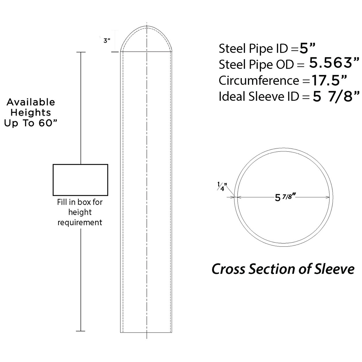 Round Top 5" Bollard Cover Heavy Duty 52" Long