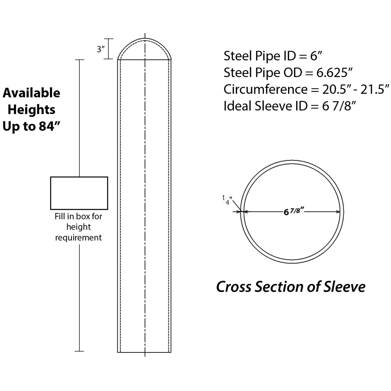 Round Top 6" Bollard Cover Heavy Duty 52" Long