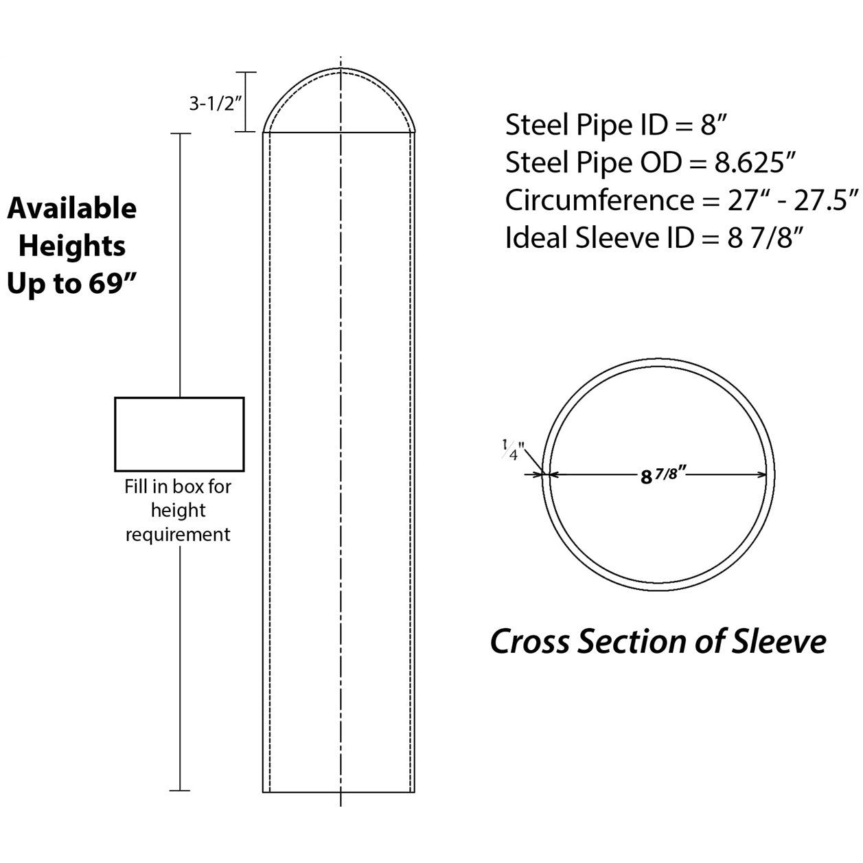 Round Top 8" Bollard Cover Heavy Duty 69" Long